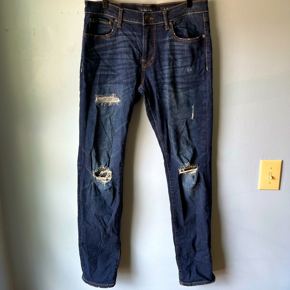 Aeropostale Mens Skinny Jeans Dark Blue Distressed 32/34